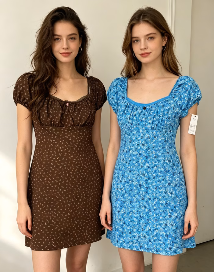 Bulk wholesale of women's vintage floral print square neck mini dresses with puff sleeves, premium export grade factory stocklots.