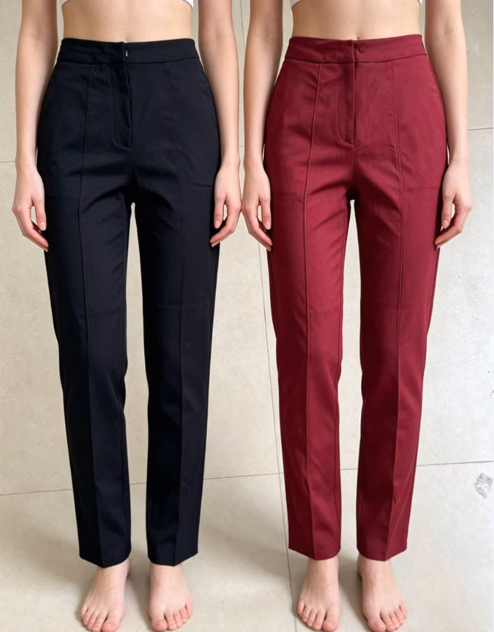 Front view of women high waisted wide leg trousers with premium draped fabric
