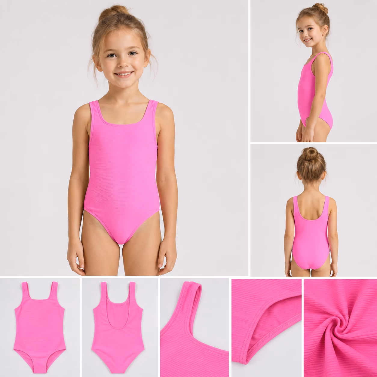 Girls hot pink one-piece swimsuit on model wearing