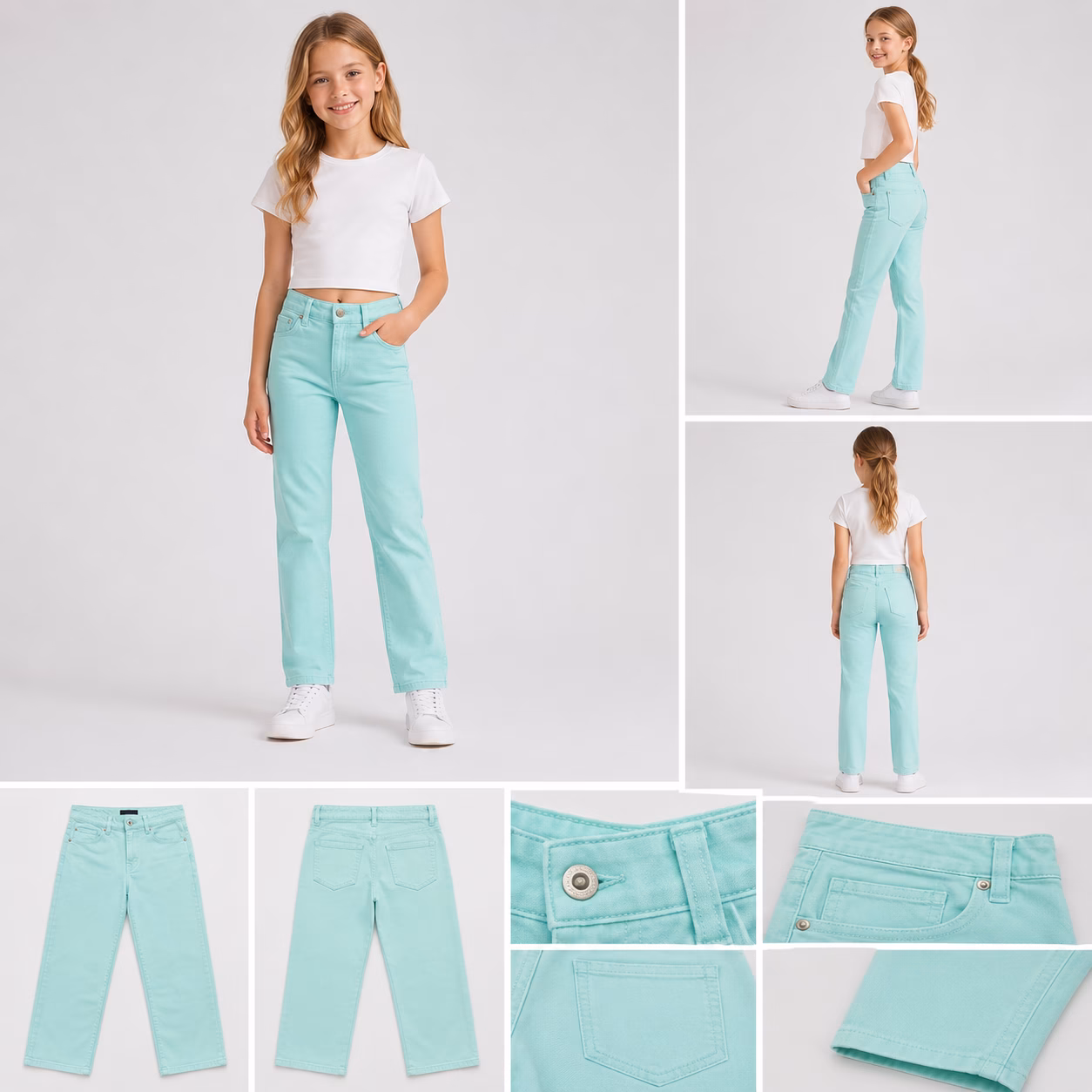Stacked layout of girls stretch twill casual pants showcasing mint green and ivory white colorways