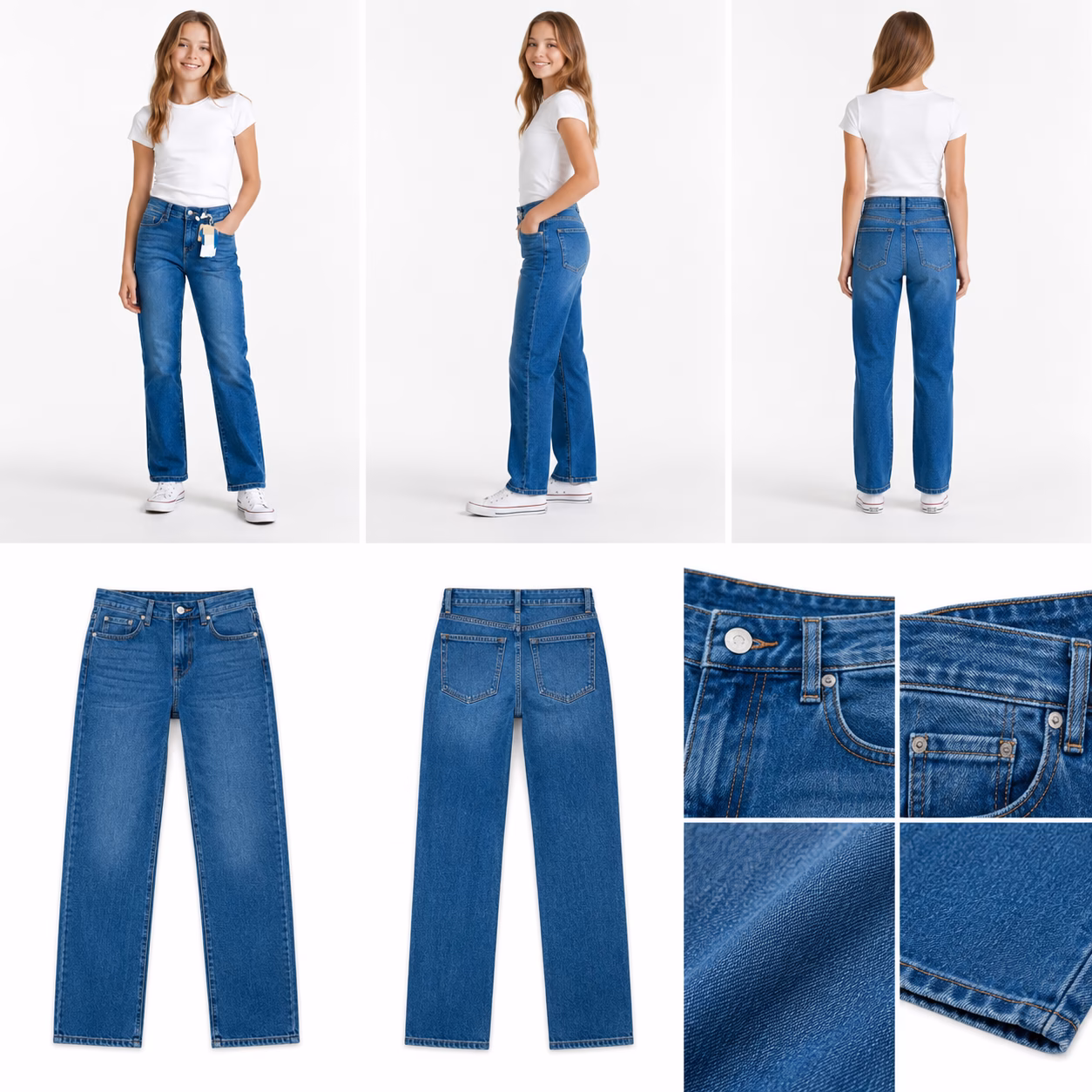 Front view of girls slim straight denim jeans in medium wash blue showing real retail tags as seen