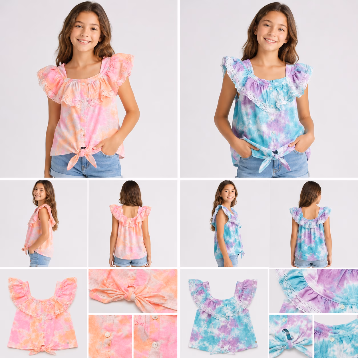 Flat lay display of Justice girls cold-shoulder ruffle tops in vibrant sunset pink and ocean blue tie-dye styles