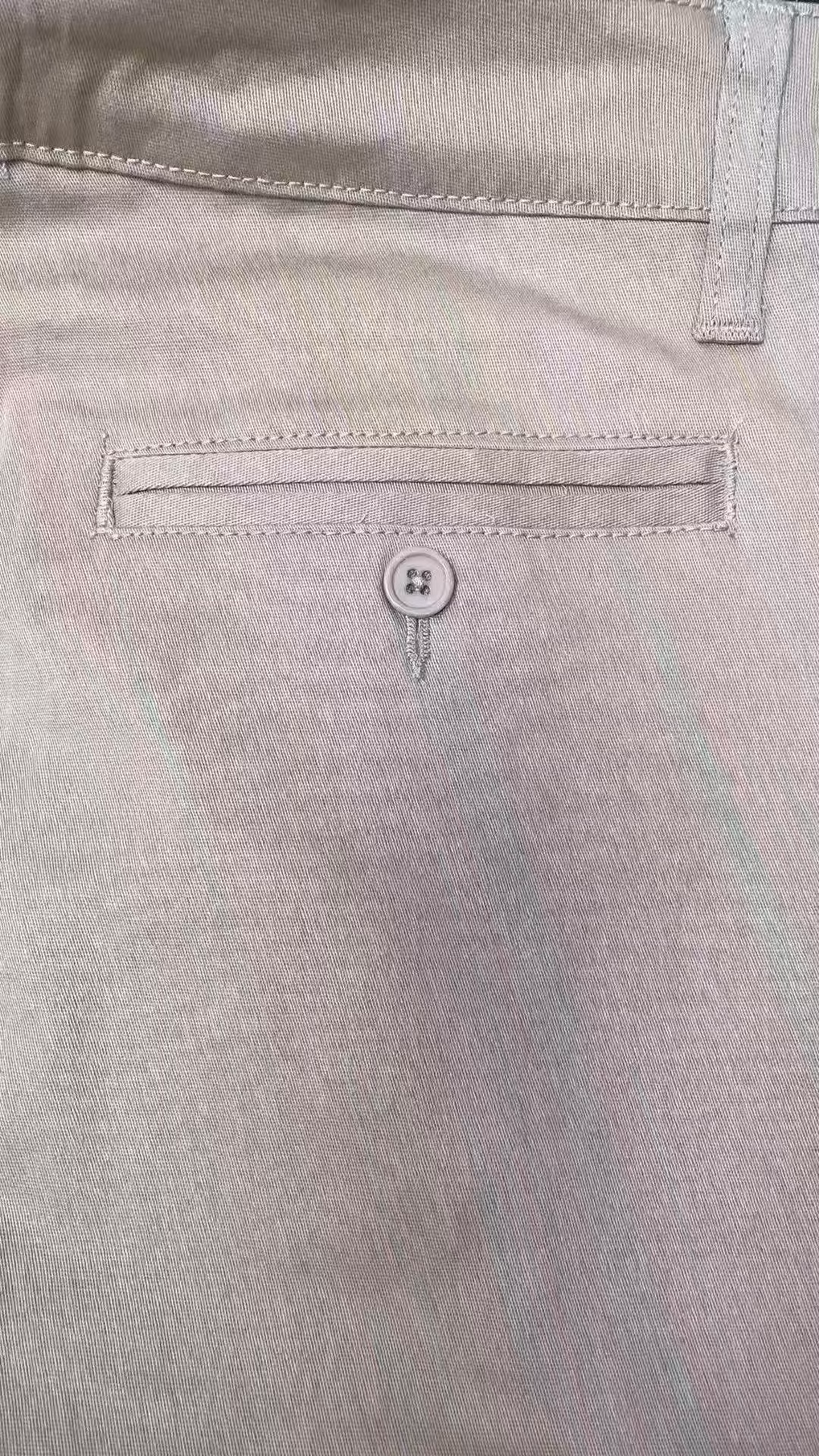Close-up of secure heavy-duty flap cargo side pocket with reinforced stitching on men's stretch twill work shorts