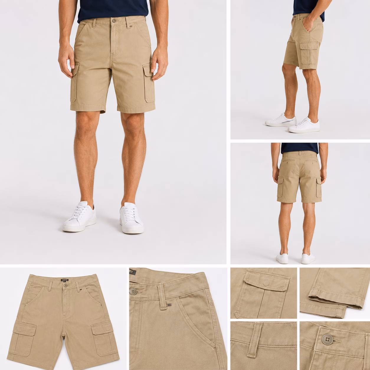 Stacked vertical lineup display of men's heavyweight twill stretch cargo shorts in khaki, black, steel gray, and navy options