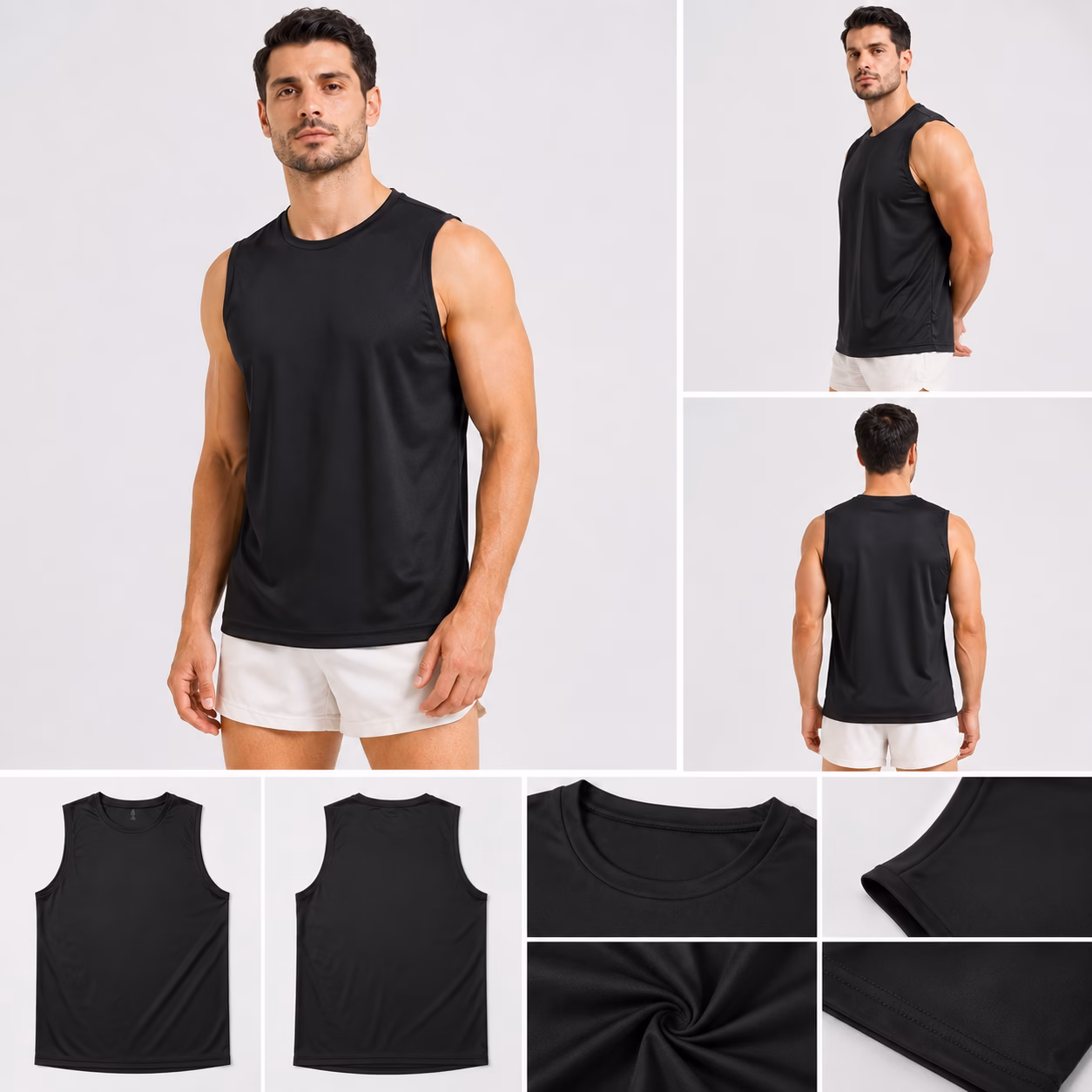 Side-by-side product sequence layout displaying three men in obsidian black, optic white, and iron gray performance muscle tank tops