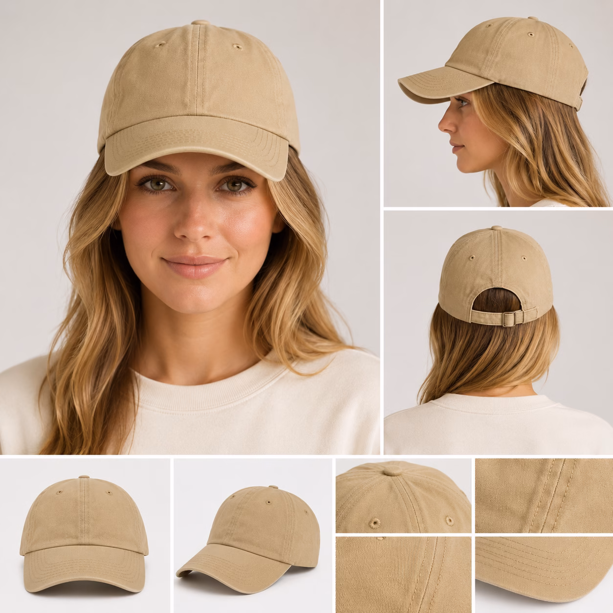 Close-up premium flat display of a vintage washed cotton baseball cap in classic khaki option