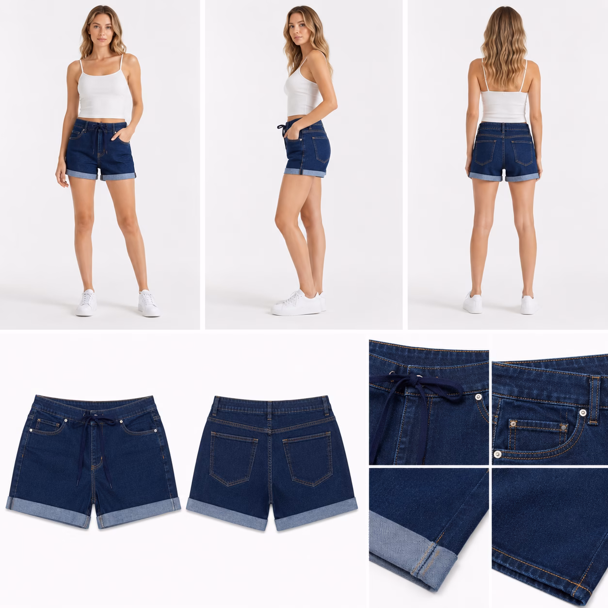 Front view alignment of women's elastic waist drawstring denim shorts in medium and dark blue tones