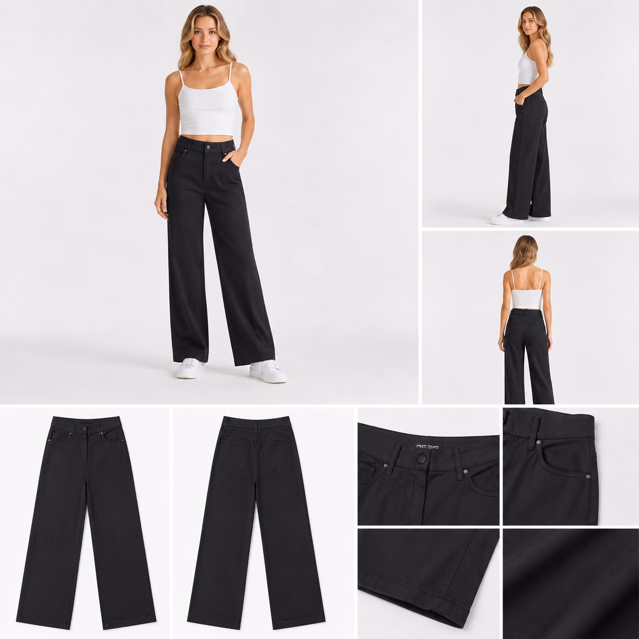 Front flat lay view of women's premium high-waisted wide-leg tailored trousers in dark obsidian colorway