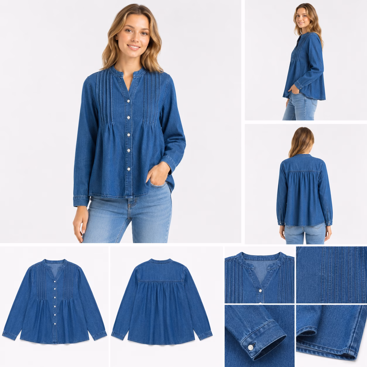 Front view of flat laid women's lightweight denim pleated button-up blouse jacket in classic medium indigo